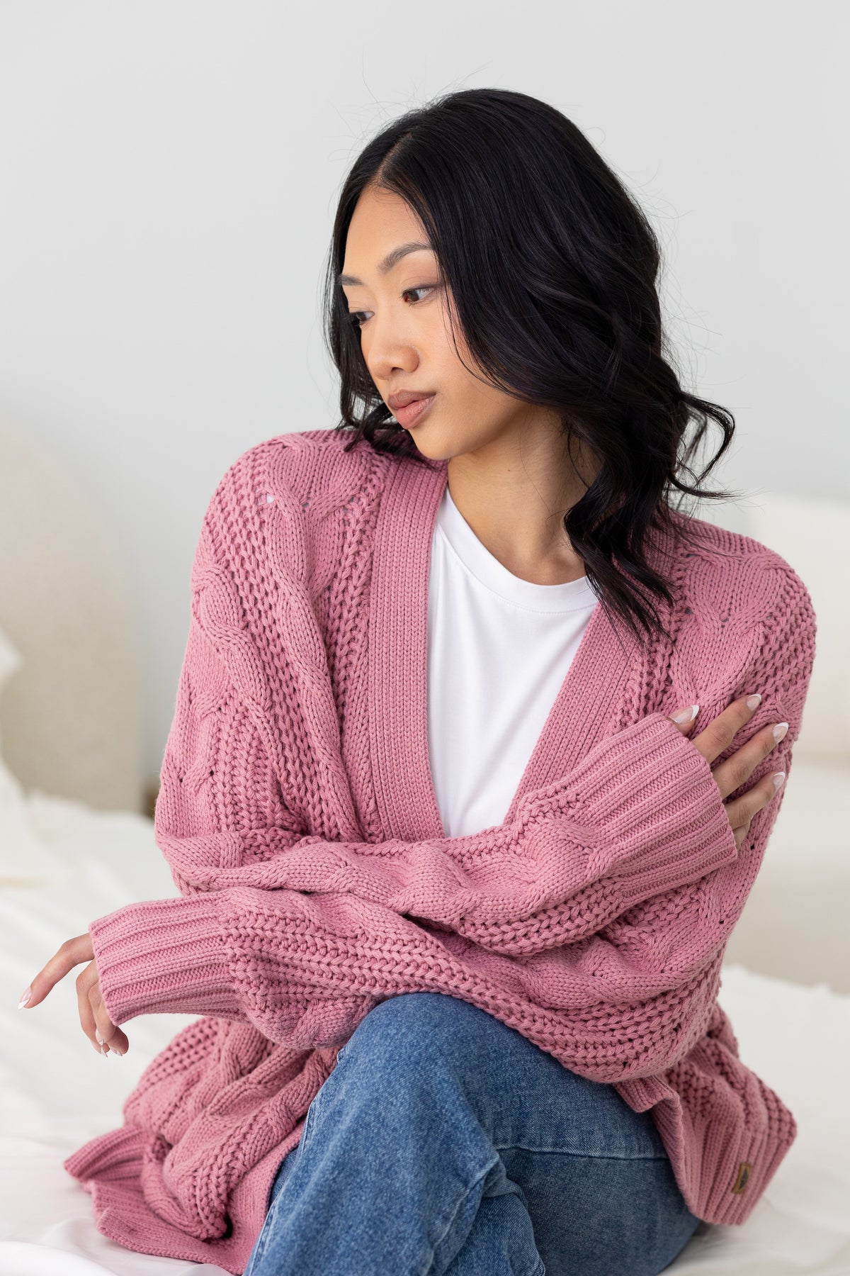 Cable Knit Cardigan in Apple Blossom