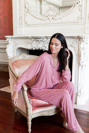 Long-Sleeved Women's Pajama Set in Apple Blossom with Cloud Trim