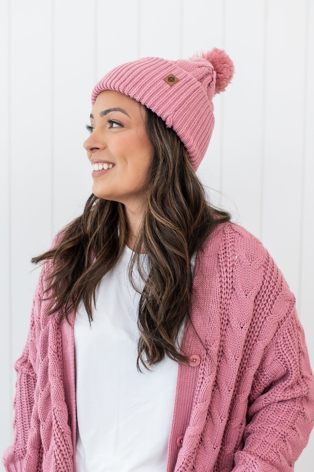 Cable Knit Pom Beanie in Apple Blossom