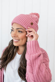 Cable Knit Pom Beanie in Apple Blossom