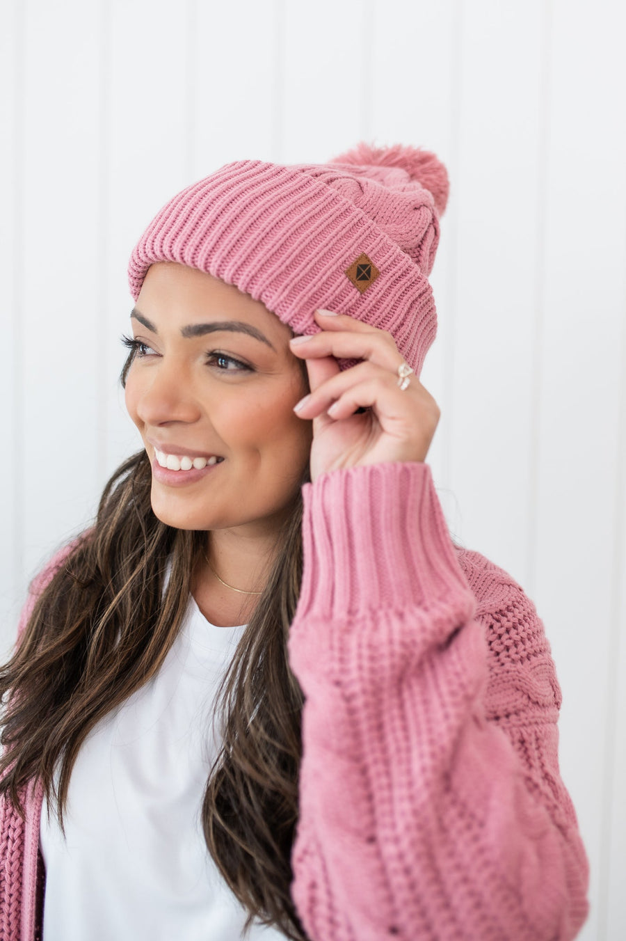 Cable Knit Pom Beanie in Apple Blossom