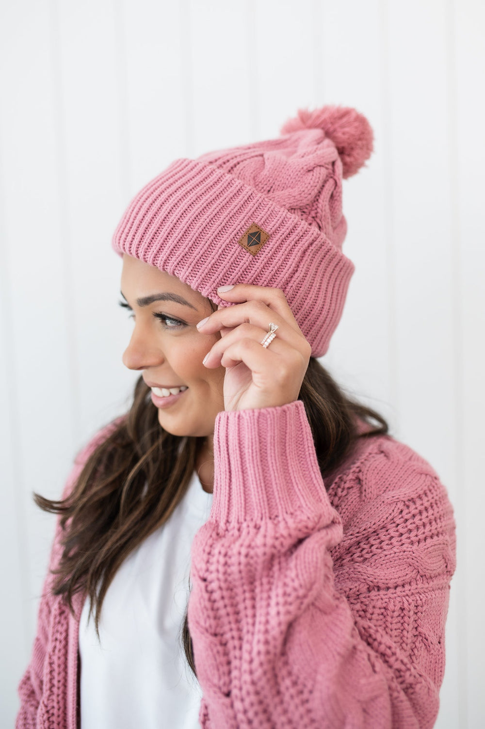 Cable Knit Pom Beanie in Apple Blossom