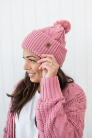 Cable Knit Pom Beanie in Apple Blossom