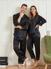 Couple 100% Mulberry Silk Long Pajamas Matching Set Total 4Pcs