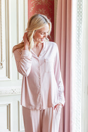 Long-Sleeved Women's Pajama Set in Blush with Cloud Trim