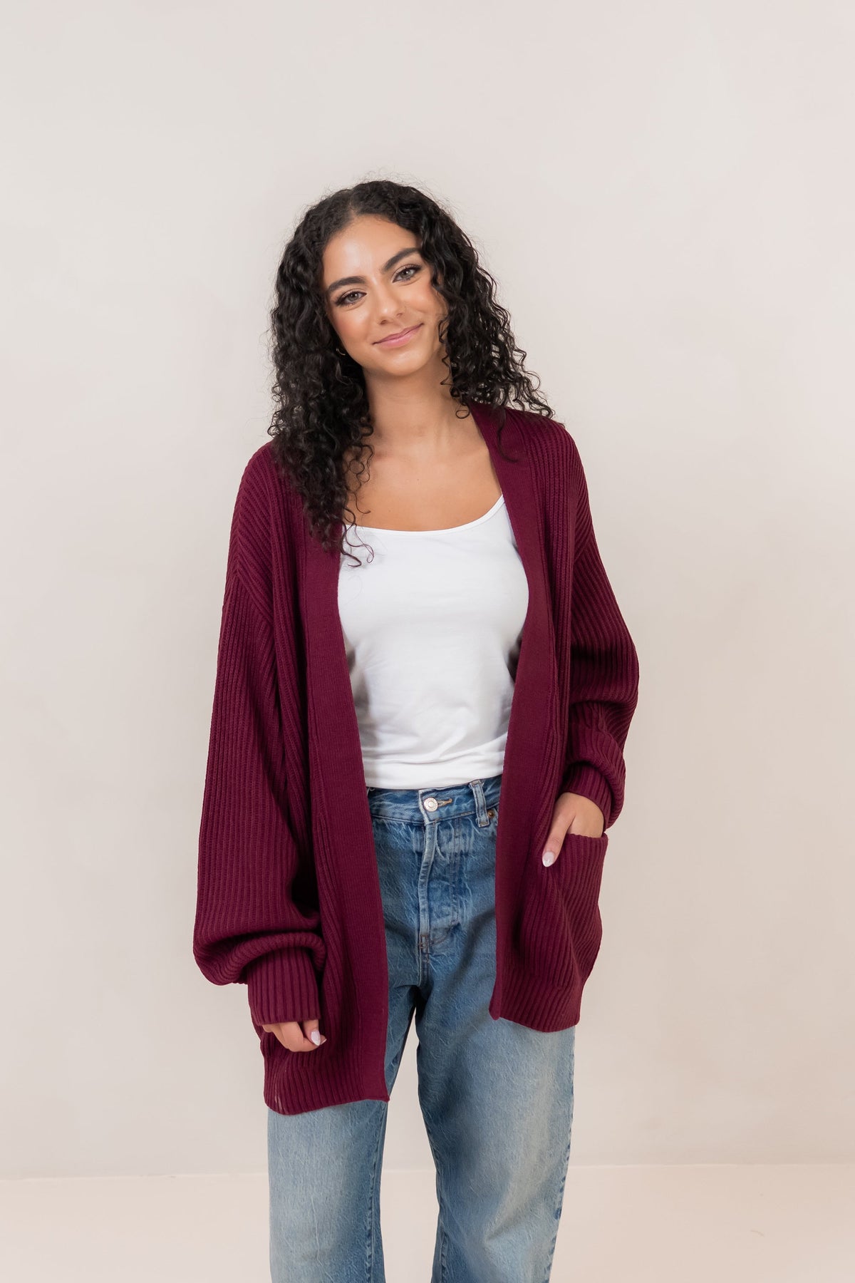 Chunky Knit Women's Oversized Cardigan in Burgundy