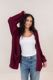 Chunky Knit Women's Oversized Cardigan in Burgundy