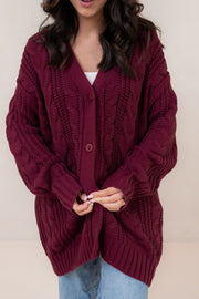 Cable Knit Cardigan in Burgundy