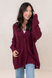 Cable Knit Cardigan in Burgundy