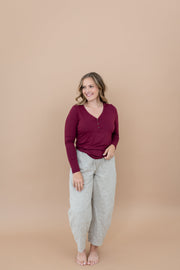 Women's Long Sleeve Henley Tee in Burgundy