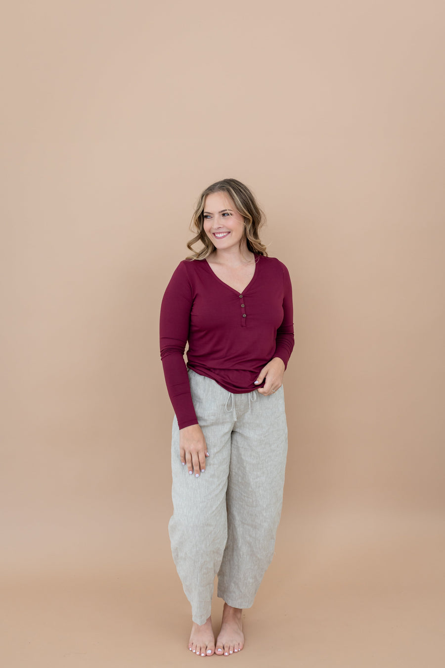 Women's Long Sleeve Henley Tee in Burgundy
