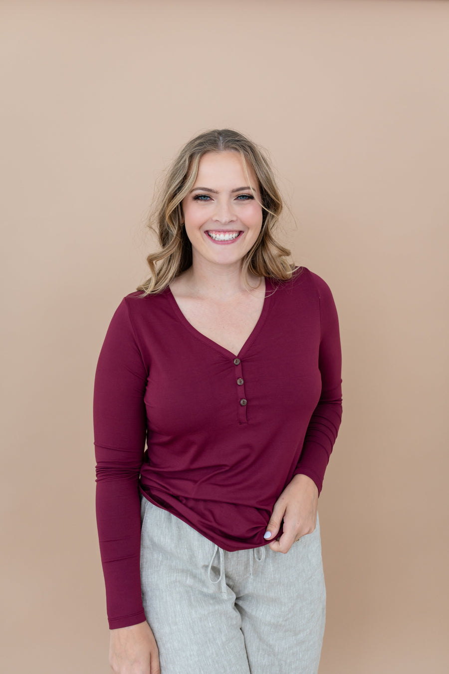 Women's Long Sleeve Henley Tee in Burgundy