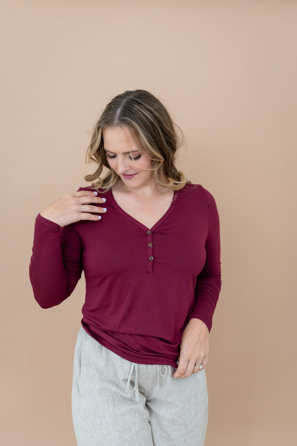 Women's Long Sleeve Henley Tee in Burgundy