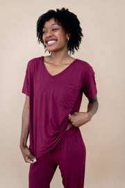 Women's Oversized V-Neck Tee in Burgundy