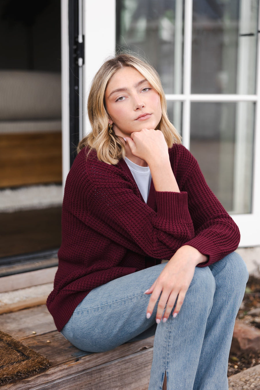 Chunky Knit Women's Waffle Cardigan in Burgundy