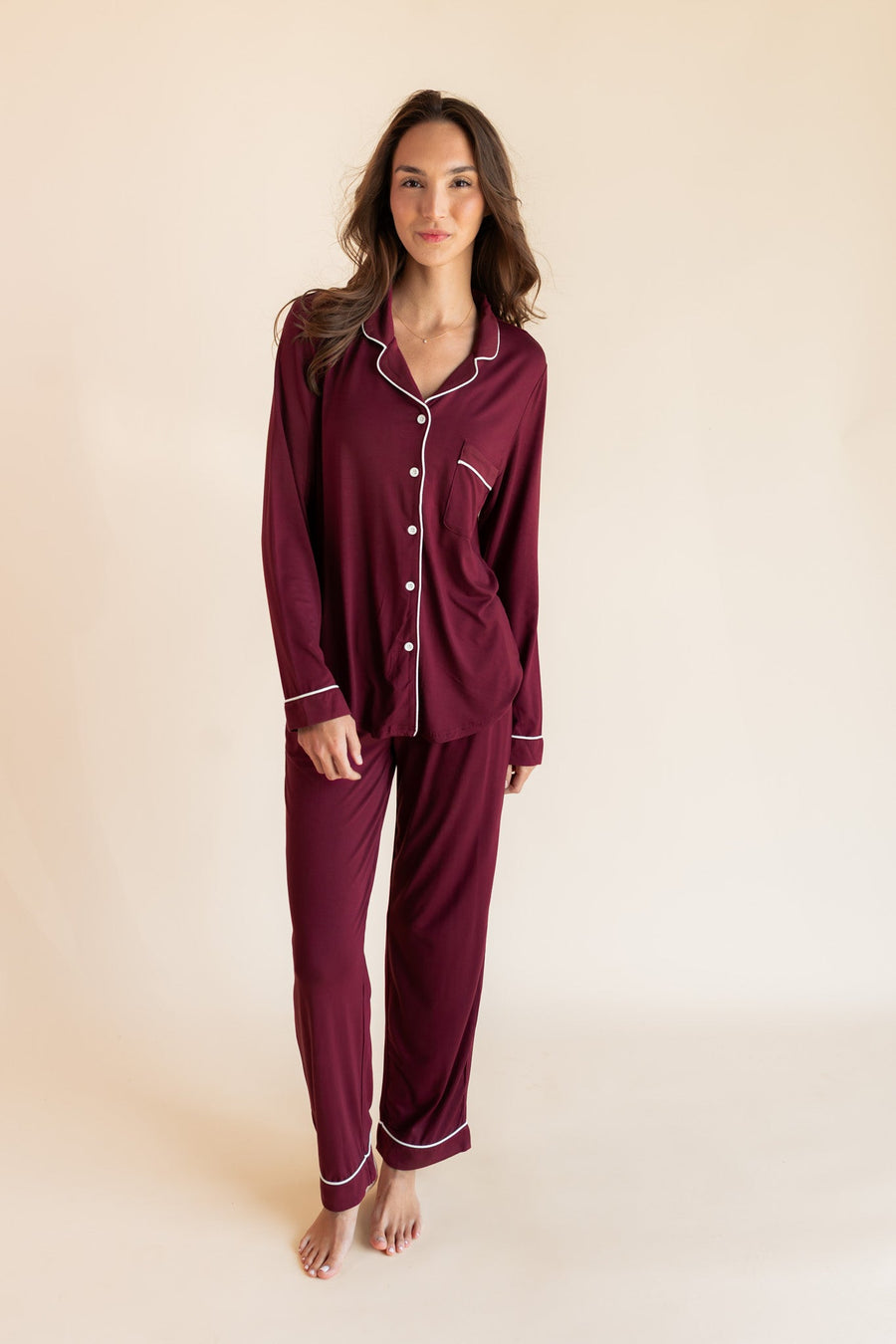 Long-Sleeved Women's Pajama Set in Burgundy with Cloud Trim