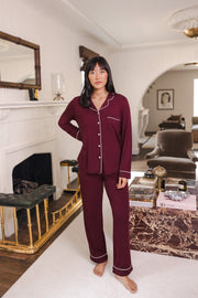 Long-Sleeved Women's Pajama Set in Burgundy with Cloud Trim