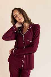Long-Sleeved Women's Pajama Set in Burgundy with Cloud Trim