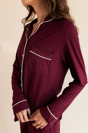 Long-Sleeved Women's Pajama Set in Burgundy with Cloud Trim