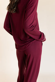 Long-Sleeved Women's Pajama Set in Burgundy with Cloud Trim