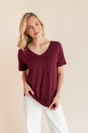 Women's Oversized V-Neck Tee in Burgundy