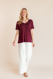 Women's Oversized V-Neck Tee in Burgundy