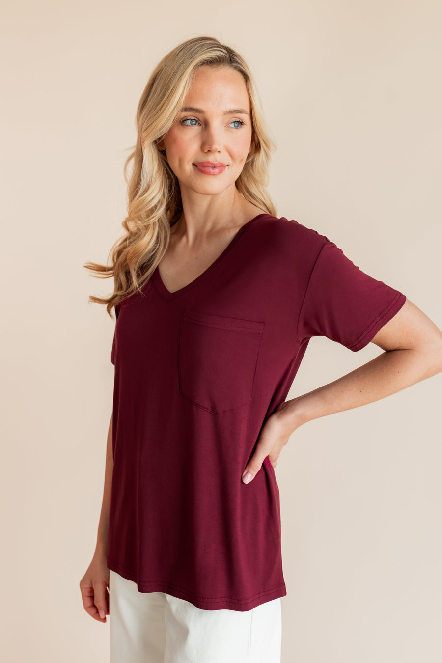 Women's Oversized V-Neck Tee in Burgundy