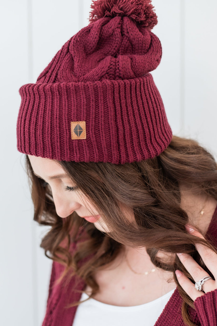 Cable Knit Pom Beanie in Burgundy