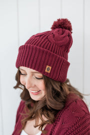 Cable Knit Pom Beanie in Burgundy