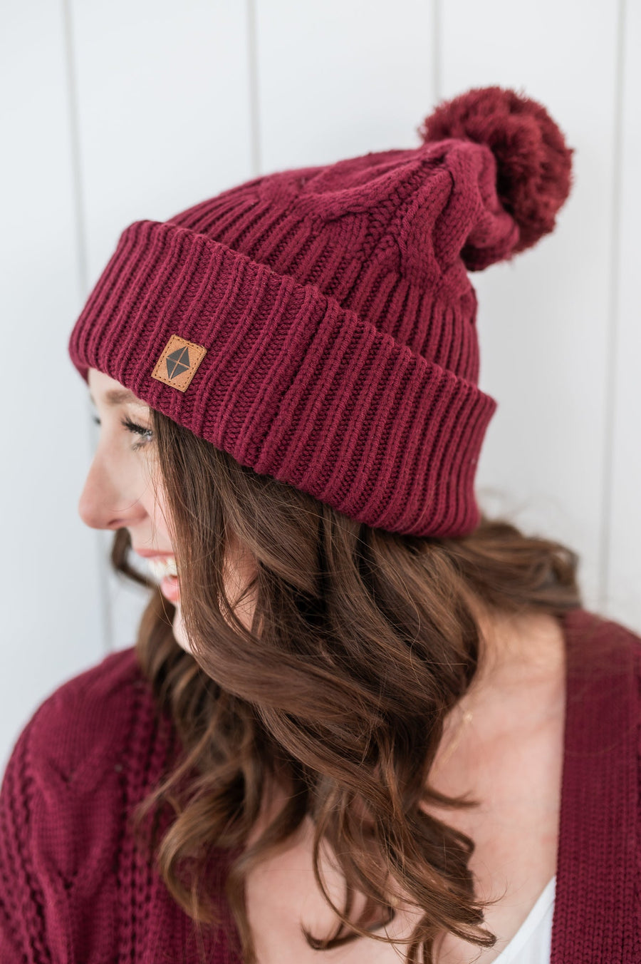 Cable Knit Pom Beanie in Burgundy