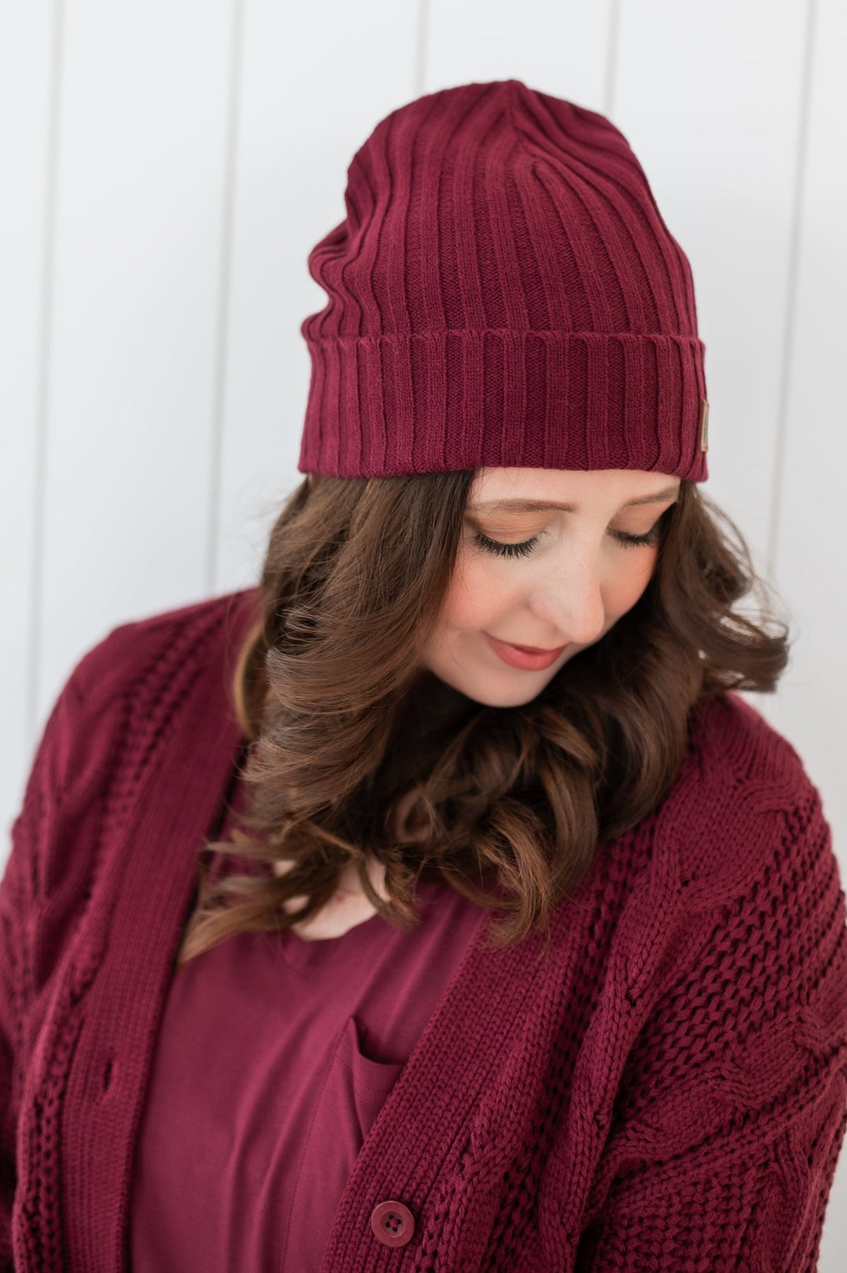 Chunky Knit Ribbed Beanie in Burgundy