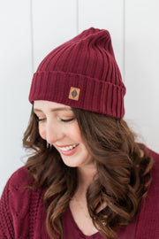 Chunky Knit Ribbed Beanie in Burgundy