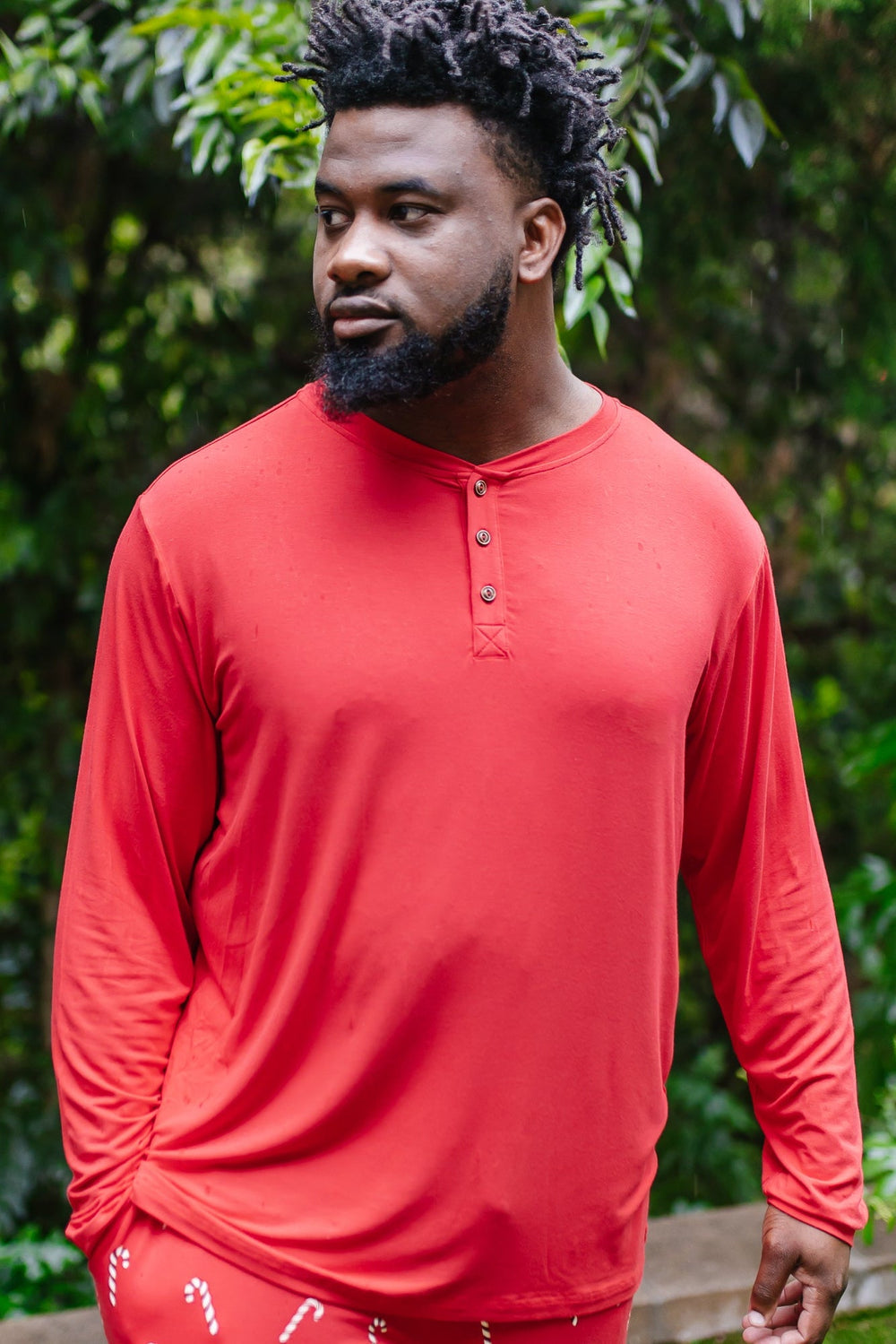 Men's Long Sleeve Henley Top in Cardinal