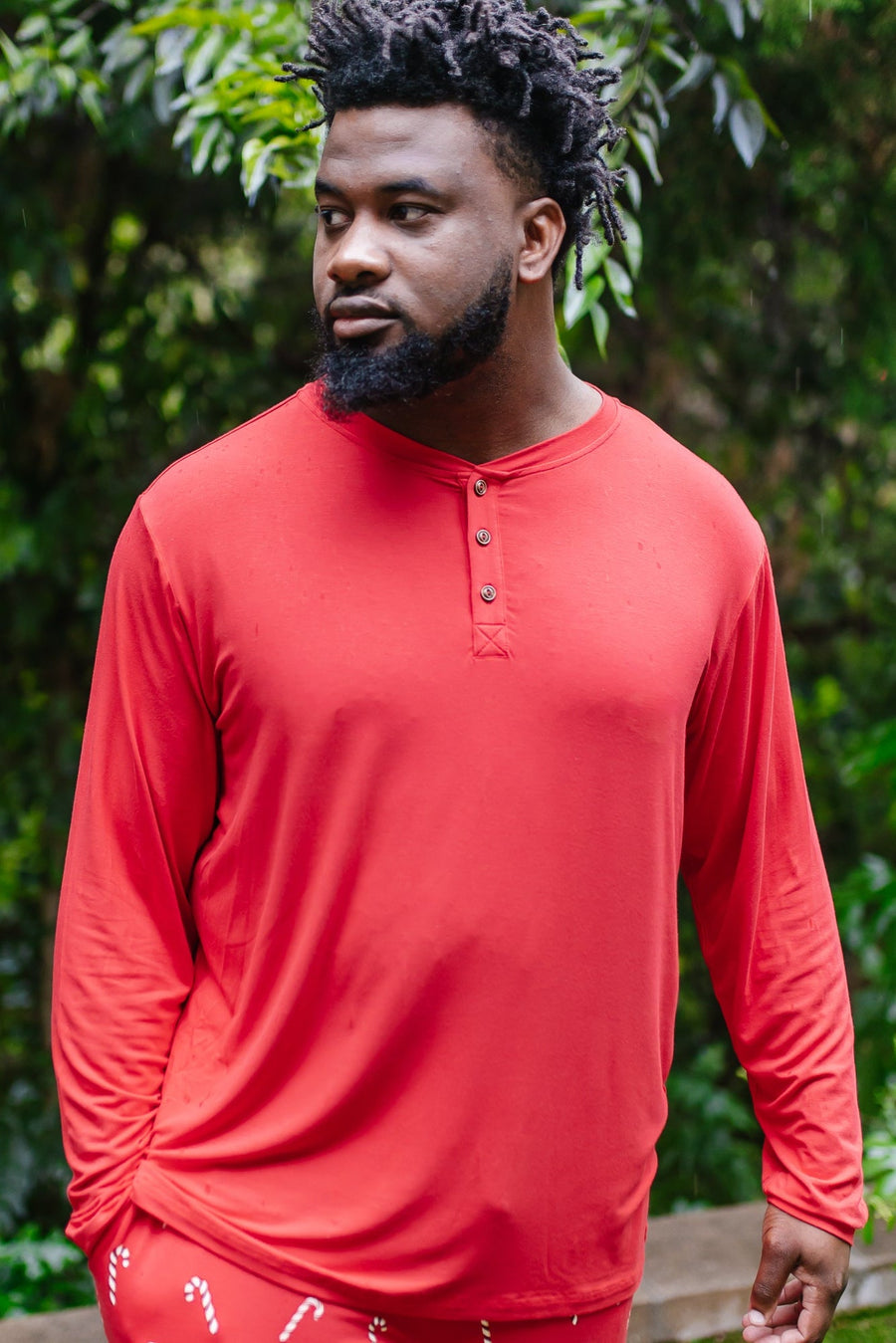 Men's Long Sleeve Henley Top in Cardinal