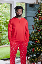Men's Long Sleeve Henley Top in Cardinal