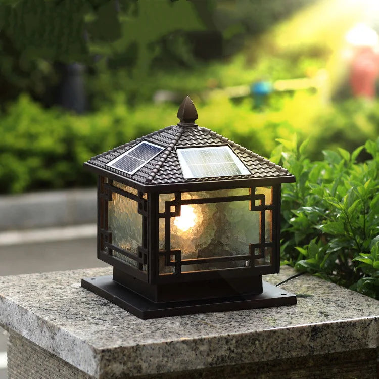 Chinese Black Pavilion Square Outdoor Solar Post Pillar Light