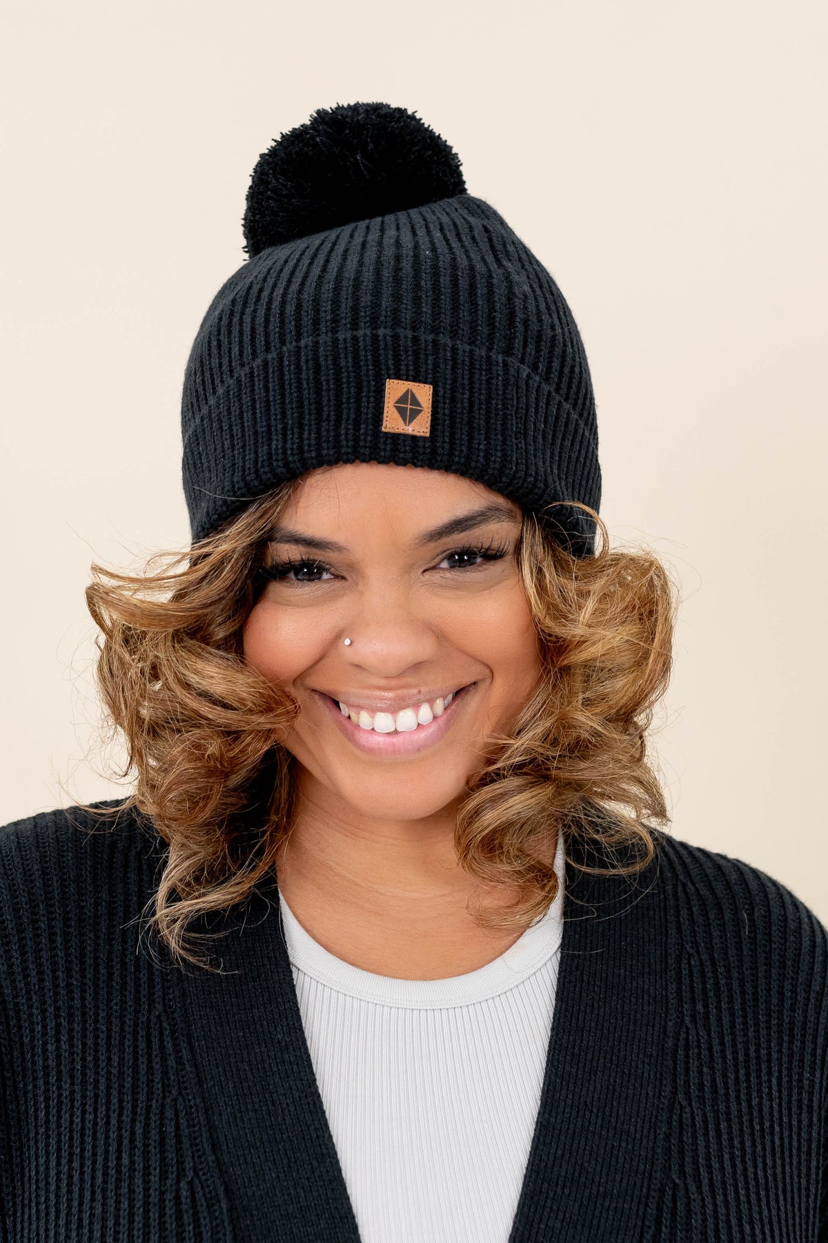 Chunky Knit Pom Beanie in Midnight
