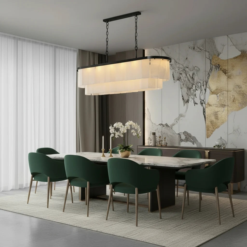Contemporary Alabaster Oval Marble Chain Island Light