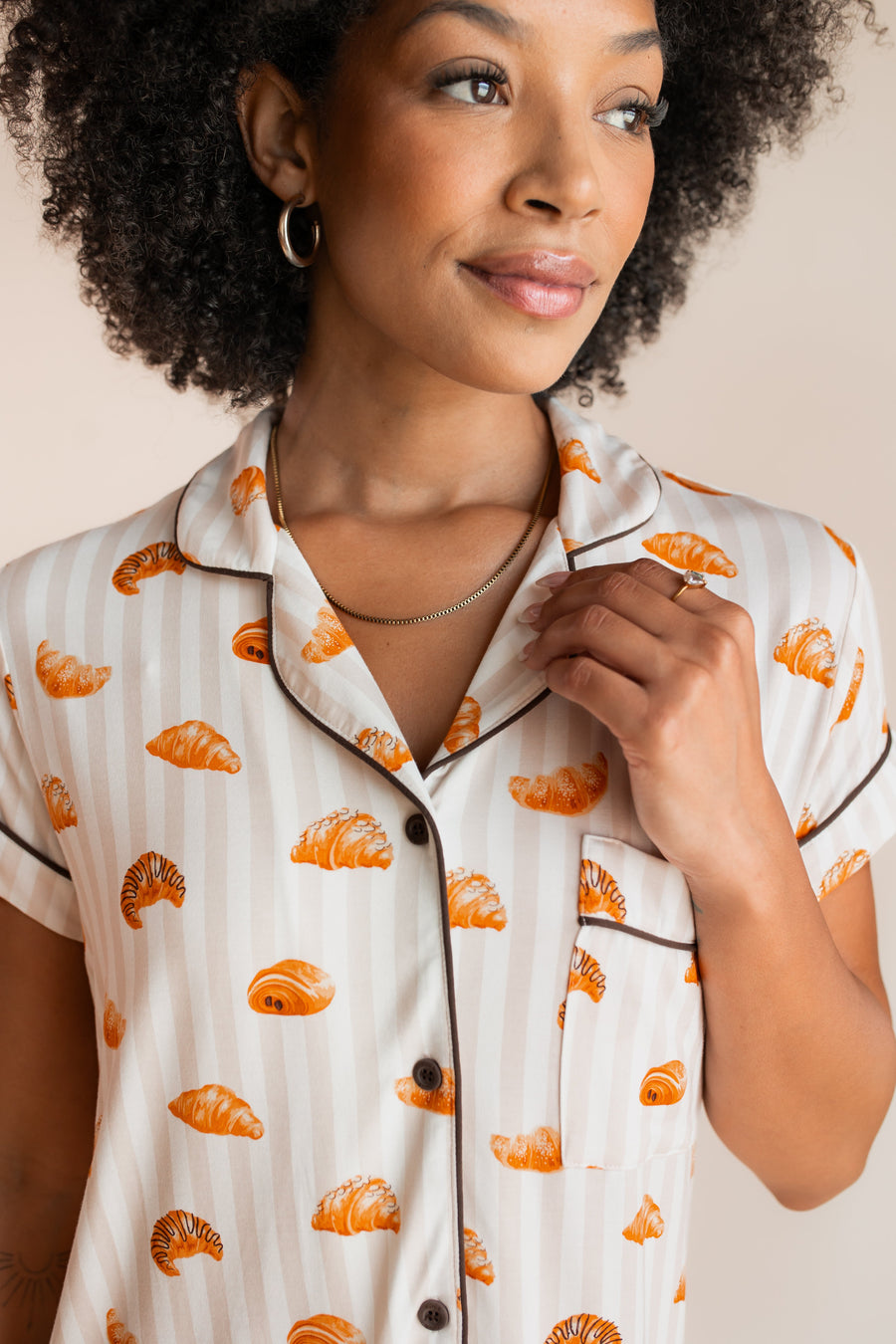 Women's Short Sleeve Cropped Pajama Set in Croissant