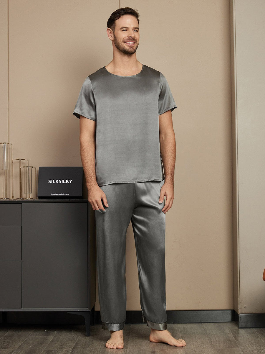 Clearance - 100% Mulberry Silk Short Sleeve Round Neck Men's Pajamas Set with Pants
