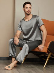Clearance - 100% Mulberry Silk Short Sleeve Round Neck Men's Pajamas Set with Pants