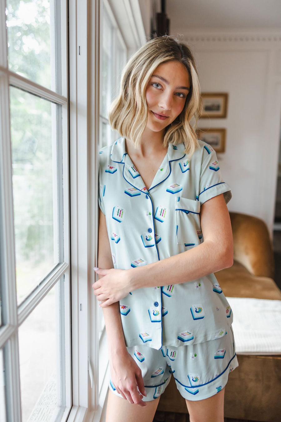 Women's Short Sleeve Pajama Set in Dew Mahjong