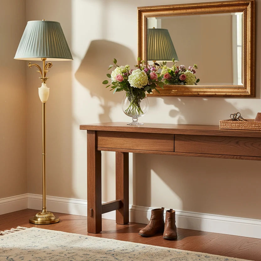 Elegant Green Pleated Shade and Gold Floor Lamp