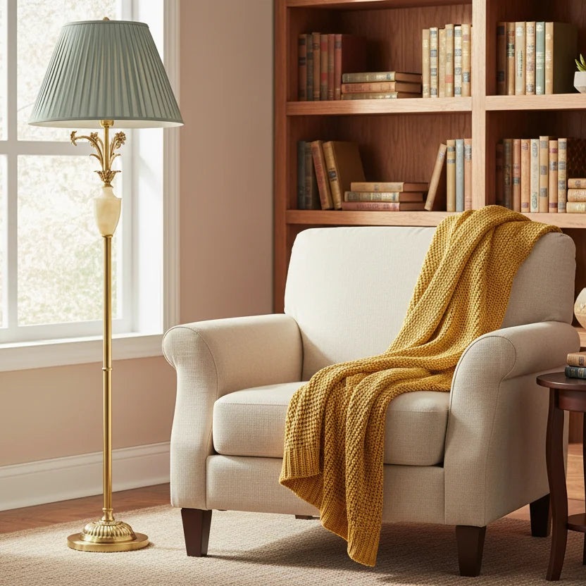 Elegant Green Pleated Shade and Gold Floor Lamp