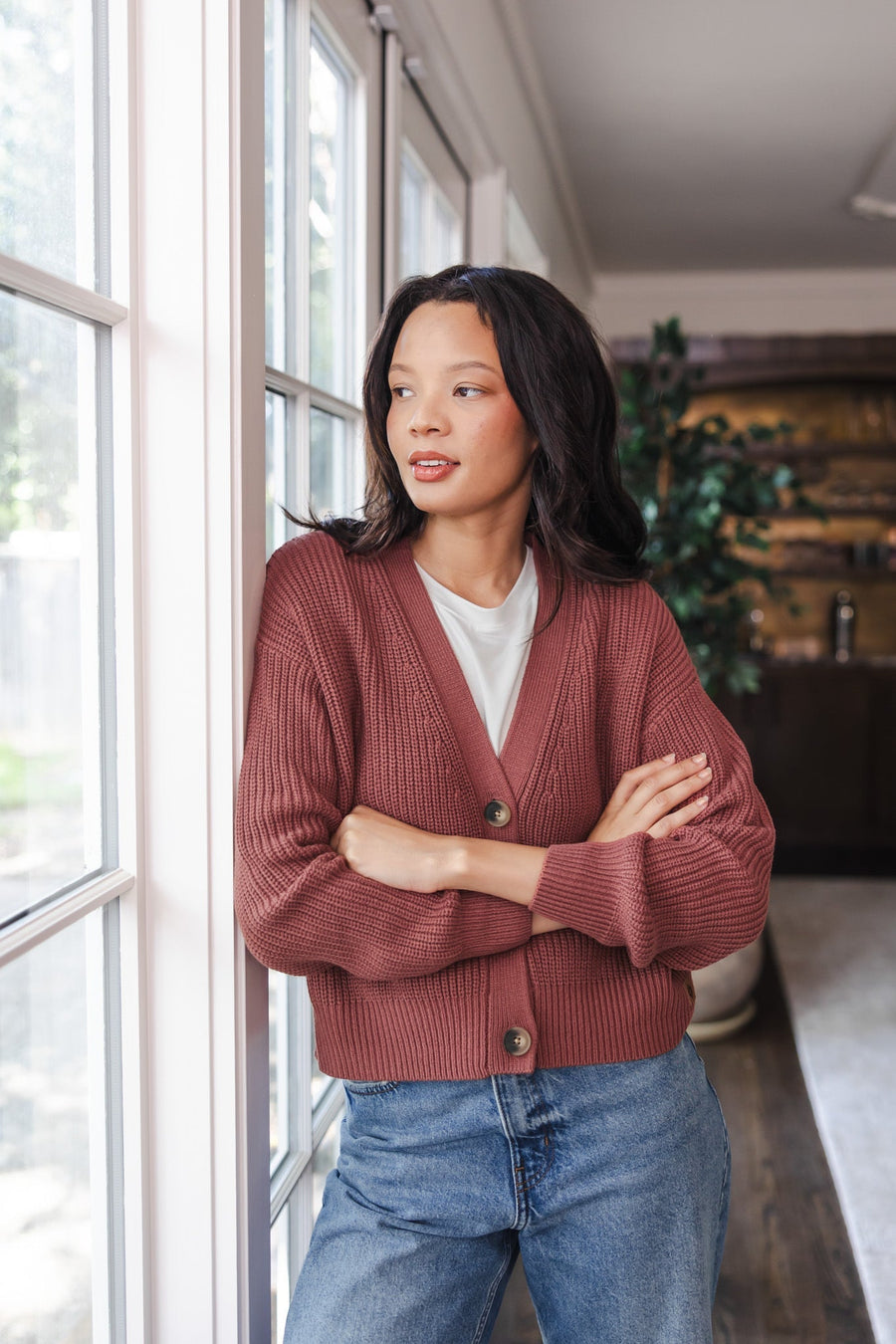 Chunky Knit Women's Cropped Cardigan In Ember