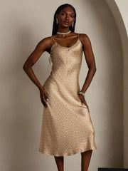 100% Mulberry Silk Geometric Print Spaghetti Strap V Neck Midi Dress