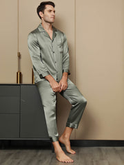 Men's 100% Mulberry Silk Long Sleeve Lapel Collar Pajamas Set
