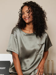100% Mulberry Silk Short Sleeve Round Neck Womens Sleep Tee (Shorts Not Included)