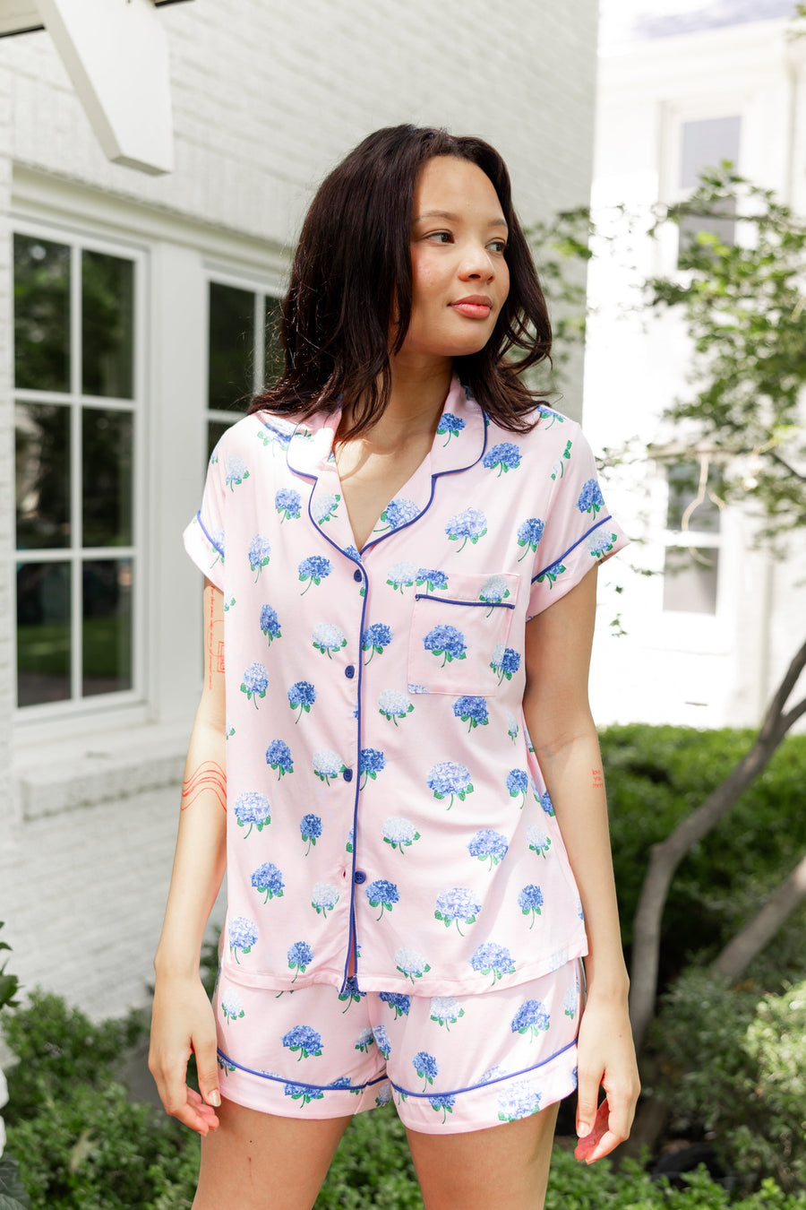Women's Short Sleeve Pajama Set in Sakura Hydrangea