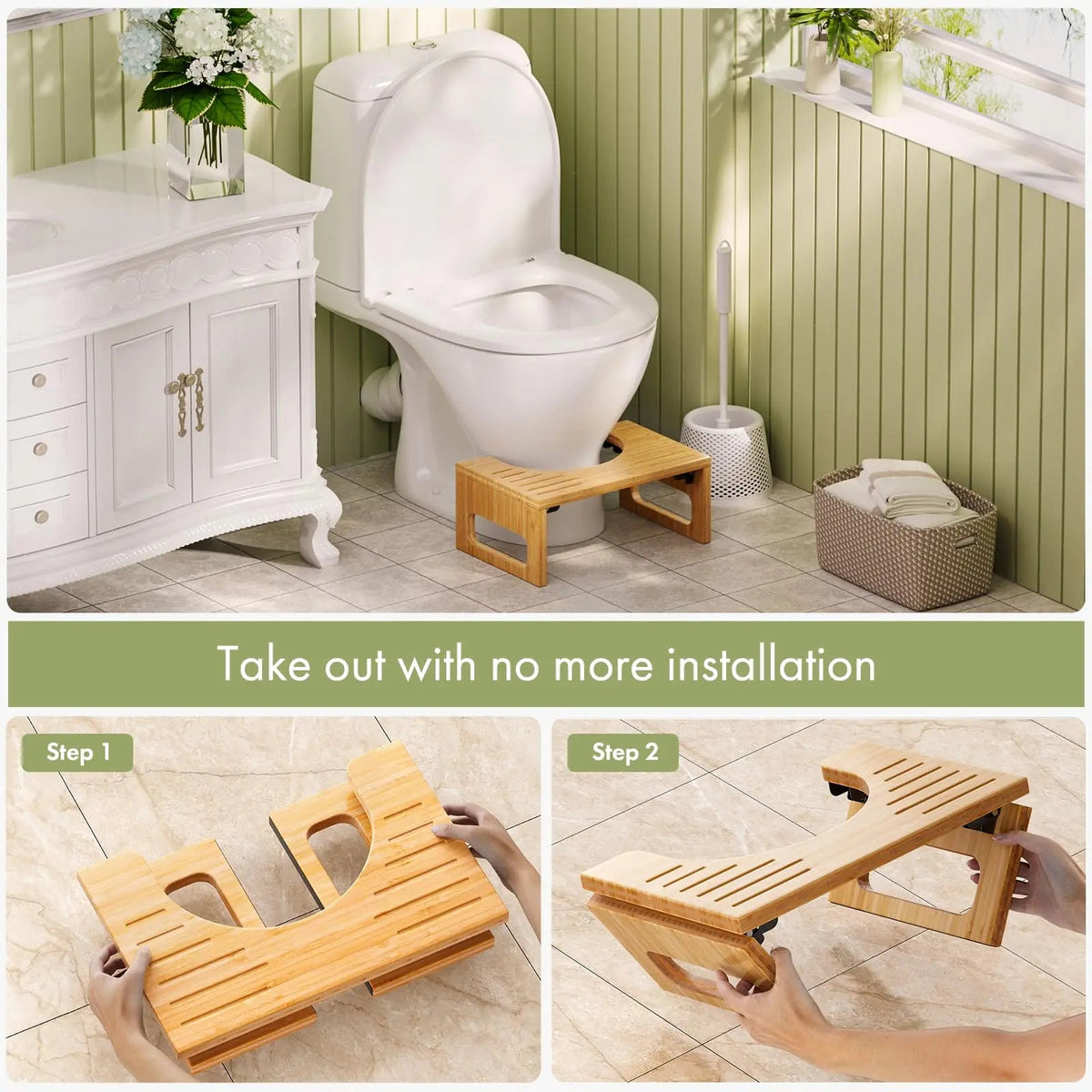 Sleepwyn Bamboo Foldable Toilet Stool with Non Slip Base
